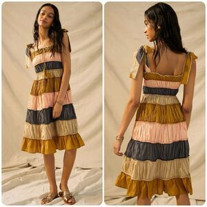 Anthropologie Tiered Sundress in Mustard, Blush, Charcoal, and Taupe